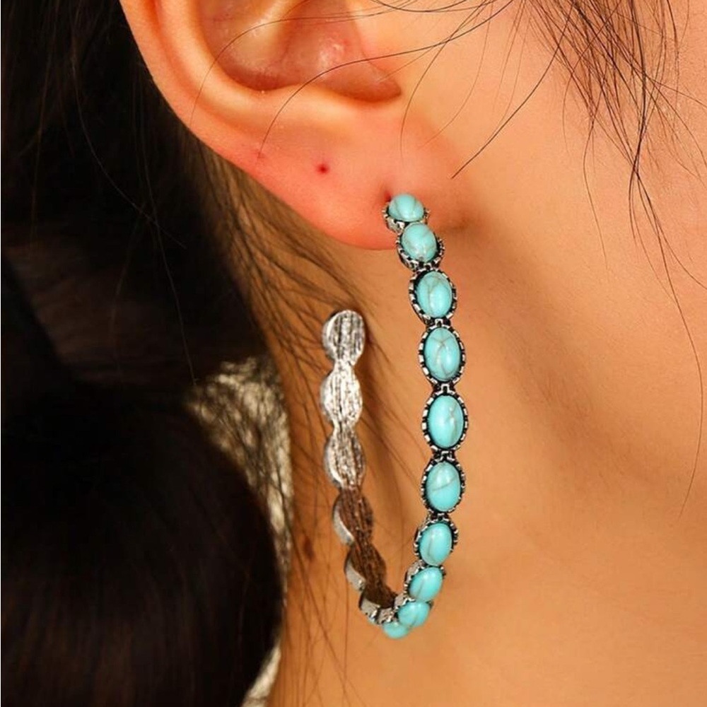 Western Style Turquoise Hoop Earrings - Picture 3 of 5